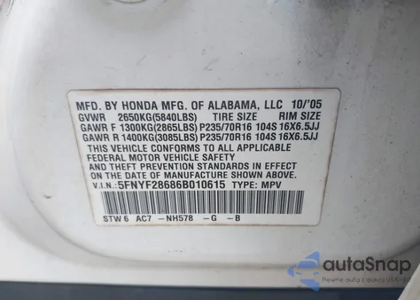 2006 Honda Pilot Ex-L from USA, damaged, VIN 5FNYF28686B010615